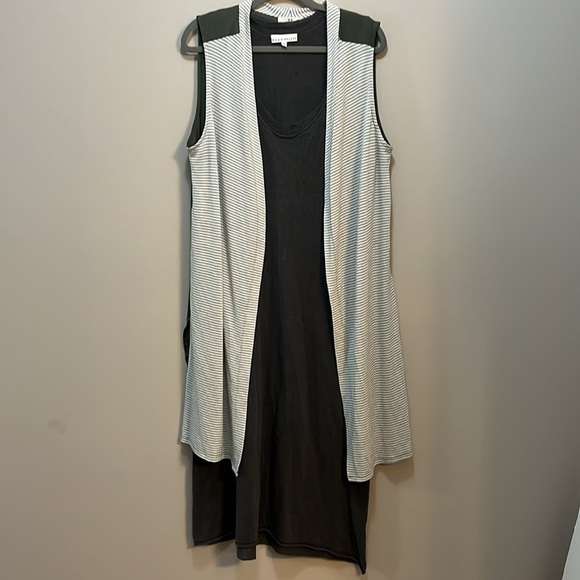 Halston Long Cardigan Sleeveless Open Front Knit Stripe & Green Duster Women L - Picture 9 of 11